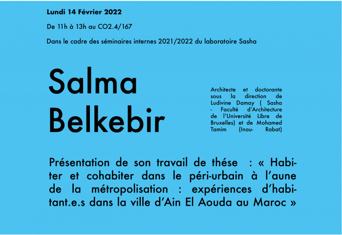 Séminaire interne Sasha 2021/2022 – Habiter et cohabiter dans le péri-urbain à l’aune de la métropolisation : expériences d’habitant.e.s dans la ville d’Ain El Aouda au Maroc. Salma Belkebir